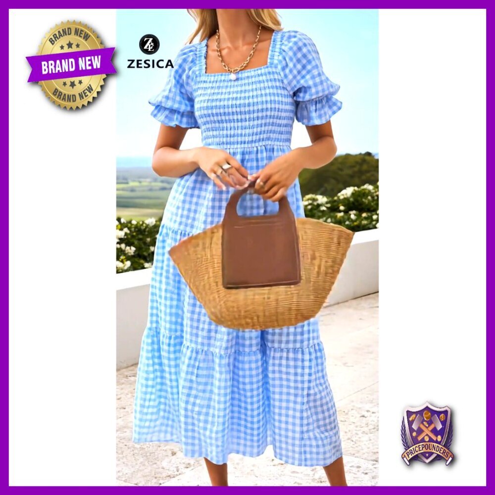 Bohemian Summer Plaid Square Neck Puff Sleeve Ruffle Flowy Midi Dress - Picture 7 of 7